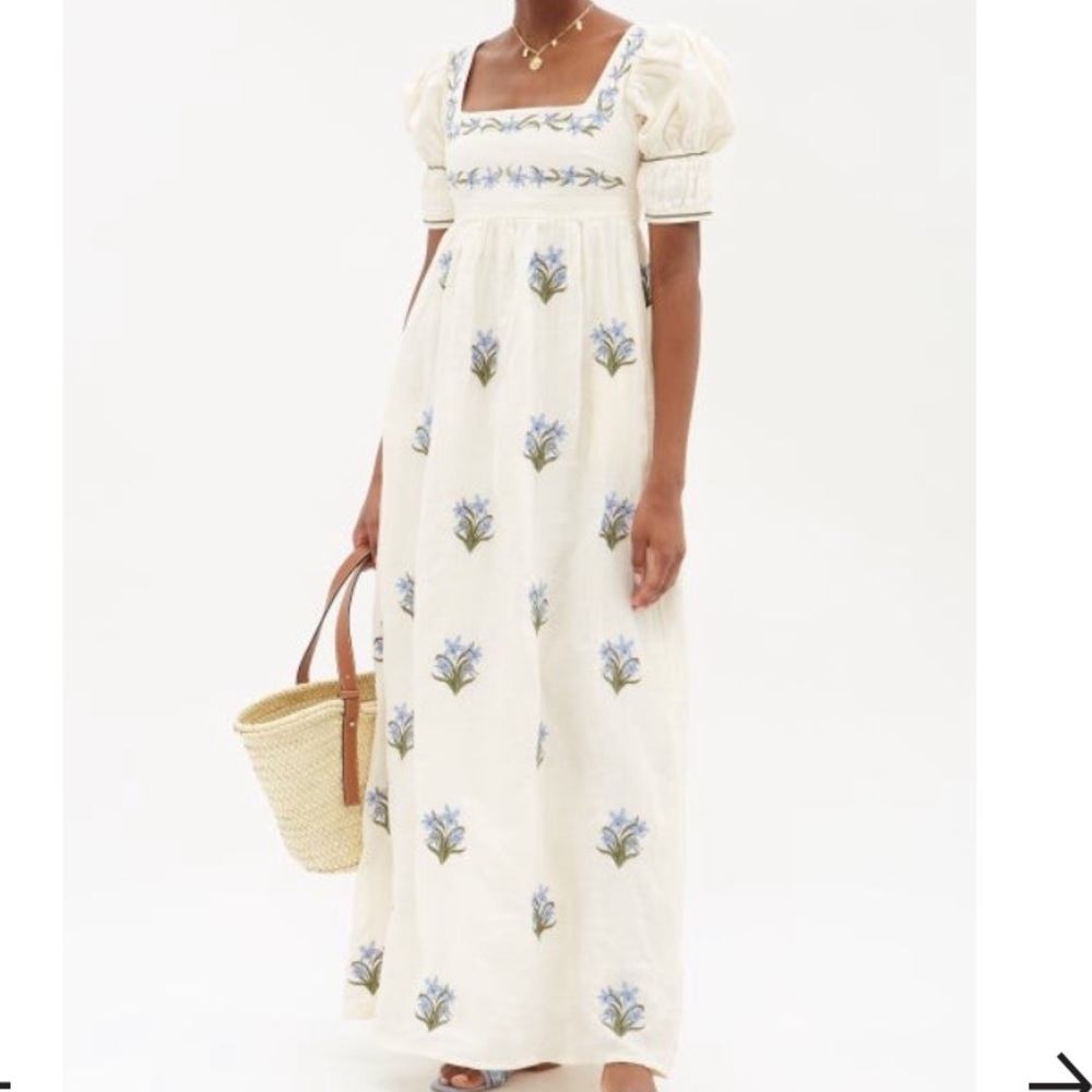 AGUA BY AGUA BENDITA - Floral-embroidered puff-sleeve linen maxi dress